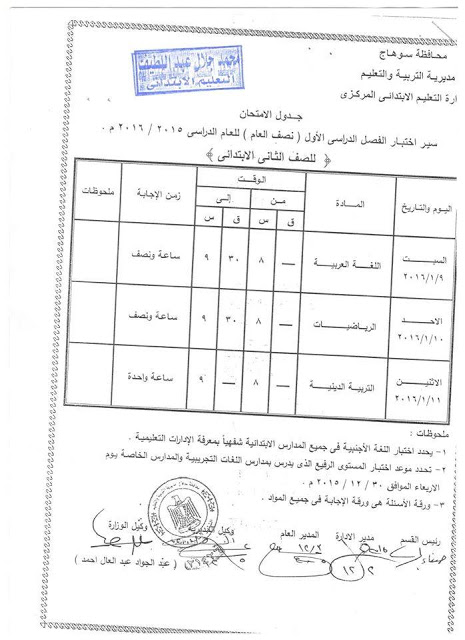 بالصور: جداول امتحانات الترم الاول 2016 محافظة سوهاج لجميع المراحل “ابتدائى-اعدادي-ثانوي-شهادات” كاملة بالصور: جداول امتحانات الترم الاول 2016 محافظة سوهاج لجميع المراحل “ابتدائى-اعدادي-ثانوي-شهادات” كاملة