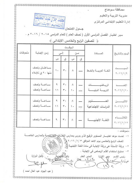 بالصور: جداول امتحانات الترم الاول 2016 محافظة سوهاج لجميع المراحل “ابتدائى-اعدادي-ثانوي-شهادات” كاملة بالصور: جداول امتحانات الترم الاول 2016 محافظة سوهاج لجميع المراحل “ابتدائى-اعدادي-ثانوي-شهادات” كاملة