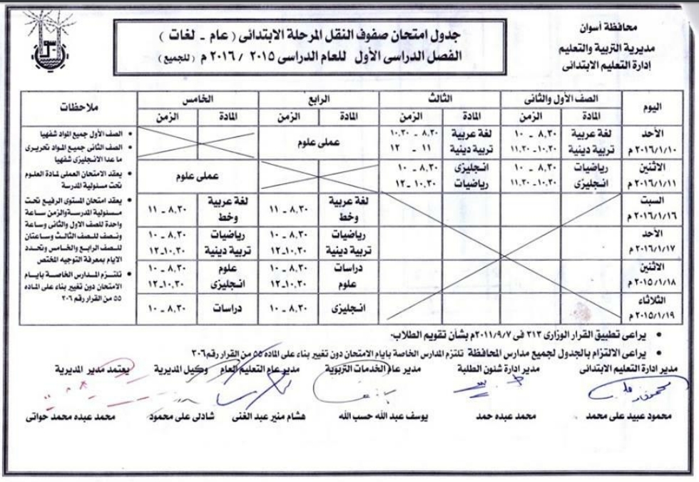 محافظة اسوان : جدول ومواعيد امتحانات الترم الاول لجميع المراحل ( ابتدائى ـ اعدادى – ثانوى ) 2016 محافظة اسوان : جدول ومواعيد امتحانات الترم الاول لجميع المراحل ( ابتدائى ـ اعدادى – ثانوى ) 2016