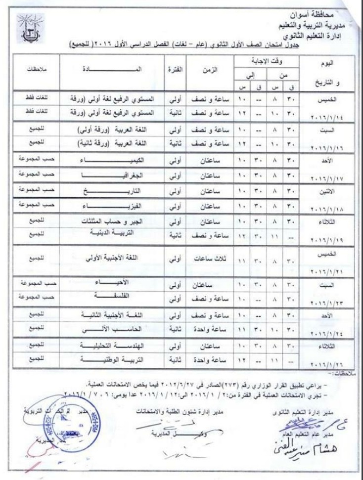 محافظة اسوان : جدول ومواعيد امتحانات الترم الاول لجميع المراحل ( ابتدائى ـ اعدادى – ثانوى ) 2016 محافظة اسوان : جدول ومواعيد امتحانات الترم الاول لجميع المراحل ( ابتدائى ـ اعدادى – ثانوى ) 2016