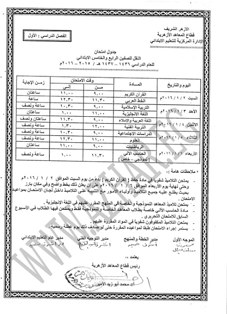 جدول امتحانات الشهادة الابتدائية الازهرية الترم الاول 2016 : جدول امتحانات نصف العام للصف الثاني والثالث,الرابع والخامس الازهري 2016