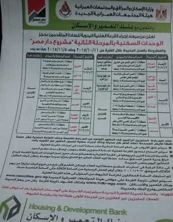 موعد اعلان نتيجة قرعة المرحلة الثانية دار مصر 2016 واسماء الفائزين في القرعة العلنية لـ شقق الاسكان المتوسط دار مصر بالمرحلة الثانية 2016